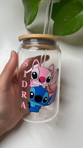 كوب زجاجي بتصميم stitch and angel مع كتابه اسم
