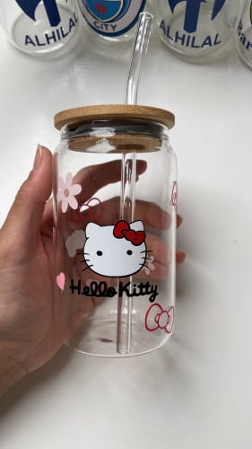 كوب زجاجي بتصميم hello kitty 2 مع كتابه اسم