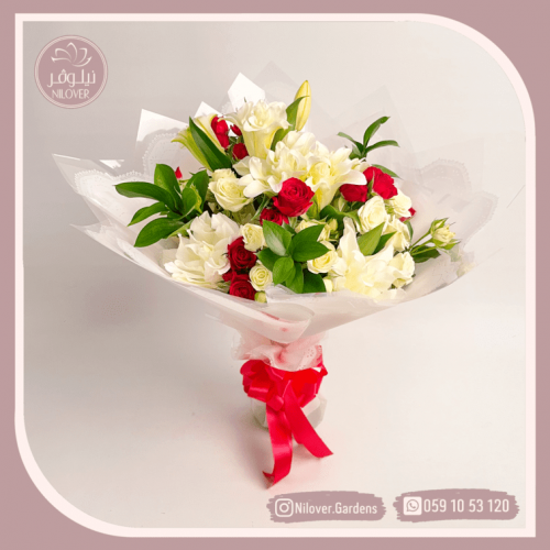 باقة ورد طبيعي أبيض واحمر