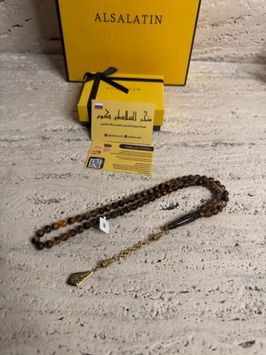 سبحة كهرمان حر  شوائب طبيعية مذهب مع شكة ذهبي