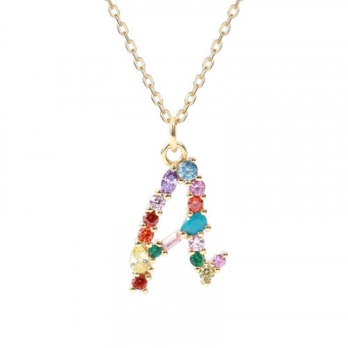 سلسال حرف A مرصع بالأحجار الملونة ومطلي بالذهب من مجموعة نفيس هدايا مجوهرات هدية نسائية فاخرة