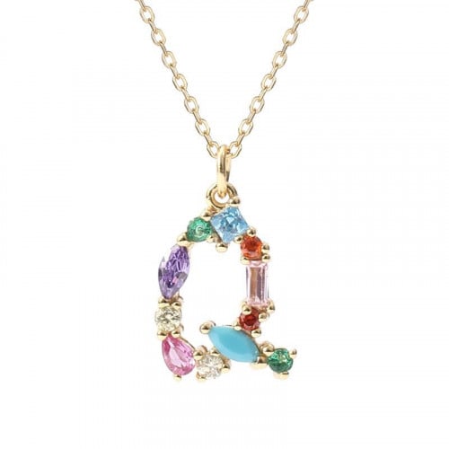 سلسال حرف Q مرصع بالأحجار الملونة ومطلي بالذهب من مجموعة نفيس هدايا مجوهرات هدية نسائية فاخرة