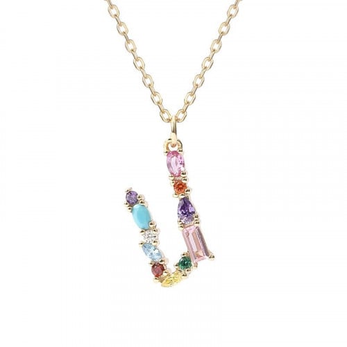 سلسال حرف U مرصع بالأحجار الملونة ومطلي بالذهب من مجموعة نفيس هدايا مجوهرات هدية نسائية فاخرة