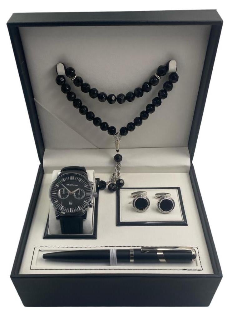 طقم رجالي ساعة جلد مع قلم وسبحة وكبك