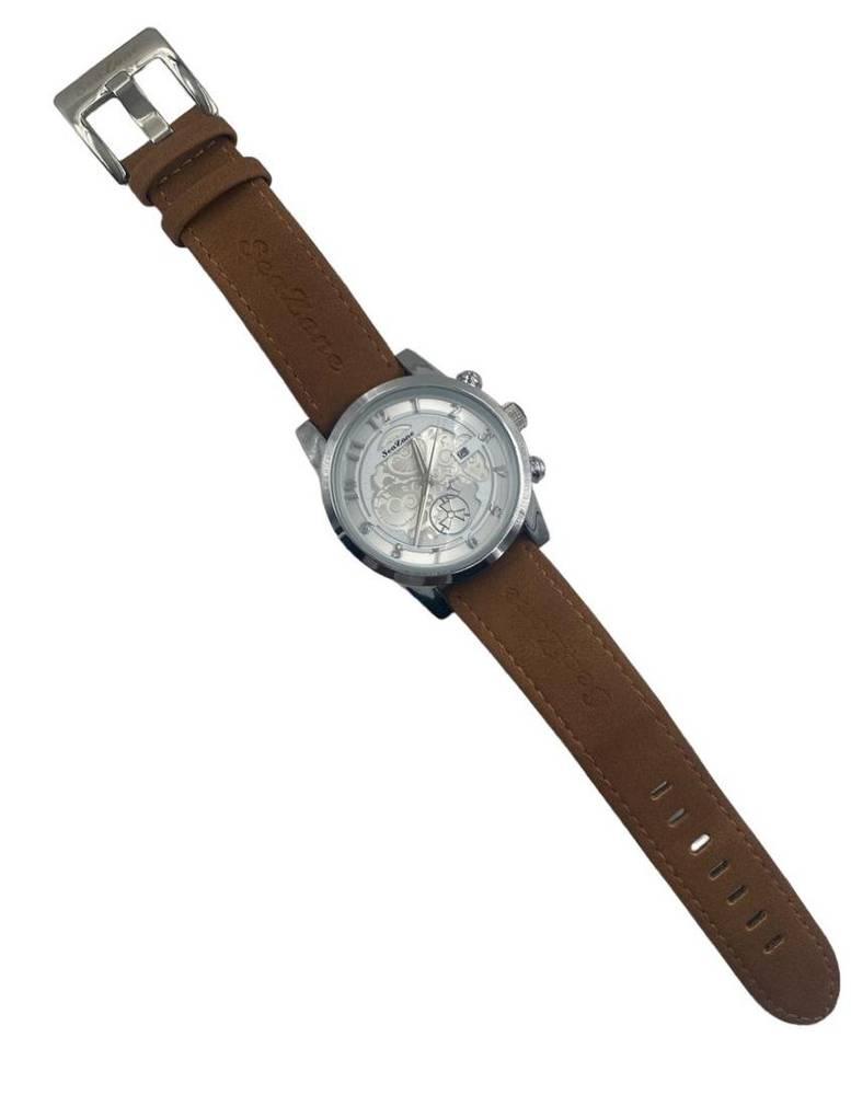 ساعة رجالي جلد فضي على جملي