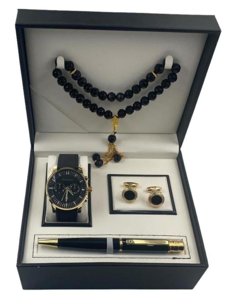 طقم رجالي ساعة جلد مع قلم وسبحة وكبك