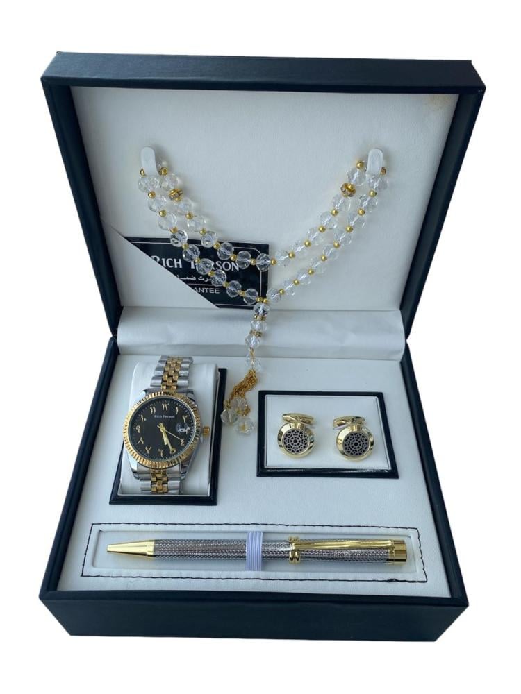 طقم رجالي ساعة استيل مع كبك وقلم وسبحه