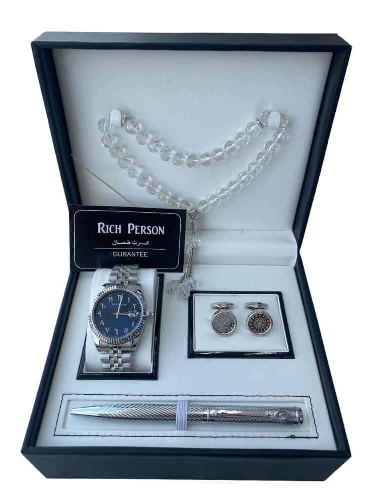 طقم رجالي ساعة استيل مع كبك وقلم وسبحه