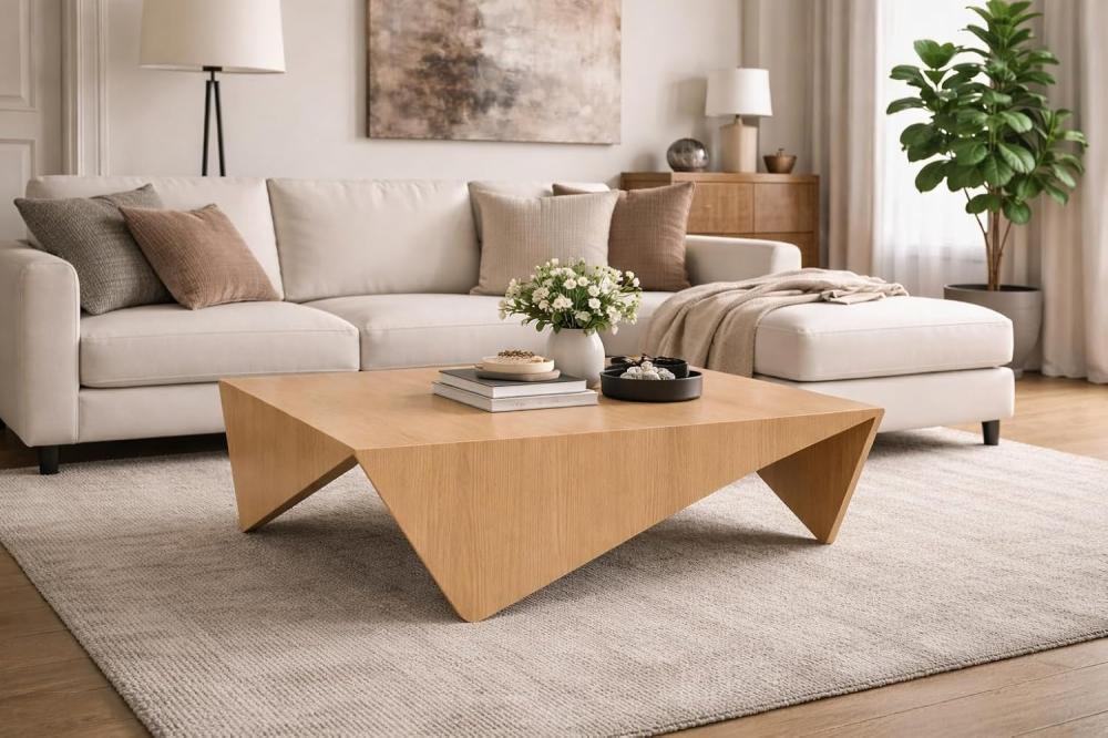 طاولة قهوة هندسية عصرية – تصميم فاخر بلمسة خشبية حديثة