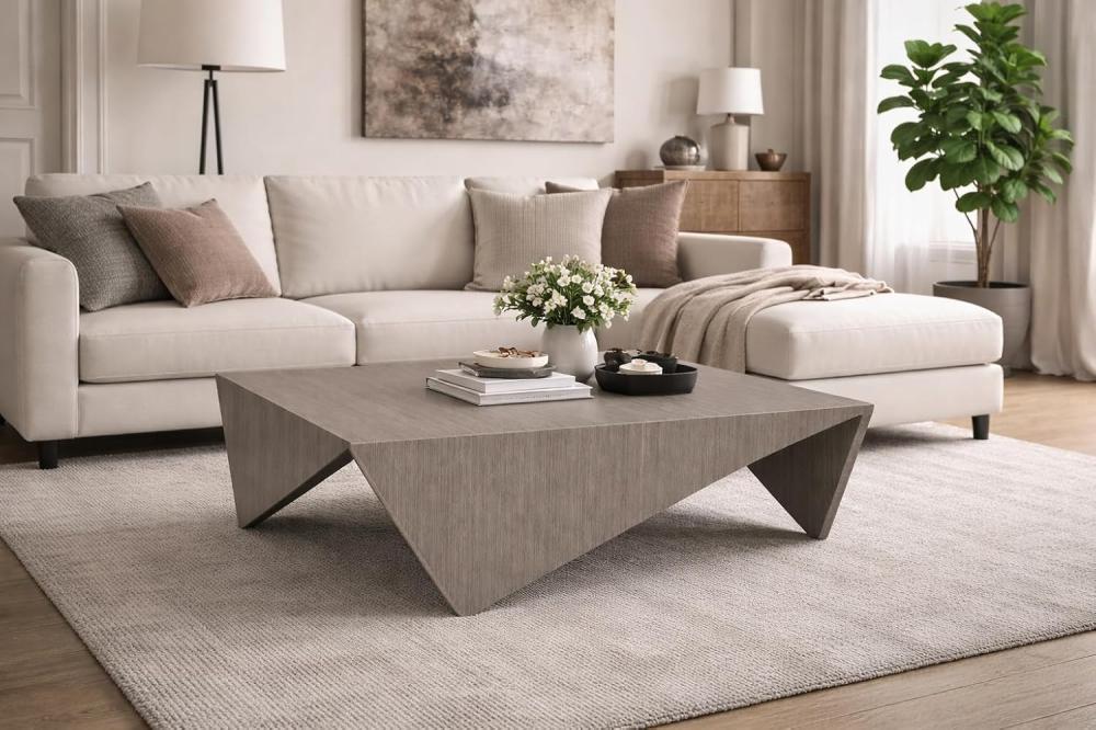 طاولة قهوة هندسية عصرية – تصميم فاخر بلمسة خشبية حديثة