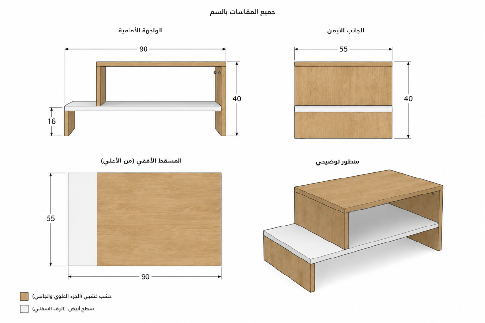 طاولة قهوة هندسية مودرن خشبية – طاولة وسط فاخرة مع رف تخزين عملي