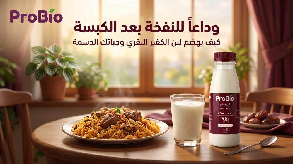 مائدة طعام تحتوي على وجبة دسمة وبجانبها زجاجة لبن كفير بقري من ProBio