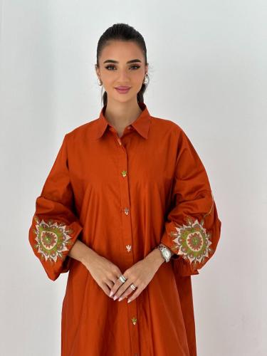 جلابية رمضانية مطرزة يدويا - برتقالي غامق