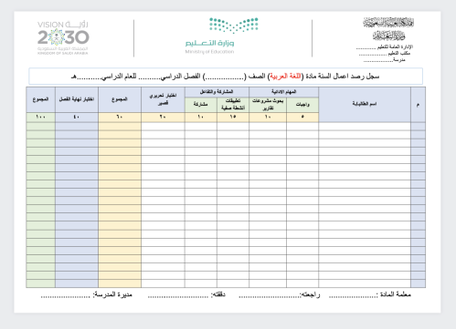 سجل رصد درجات مادة لغتي (من ثالث الى سادس ابتدائي)