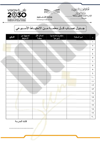 جدول نصاب كل معلمة من الاحتياط الأسبوعي