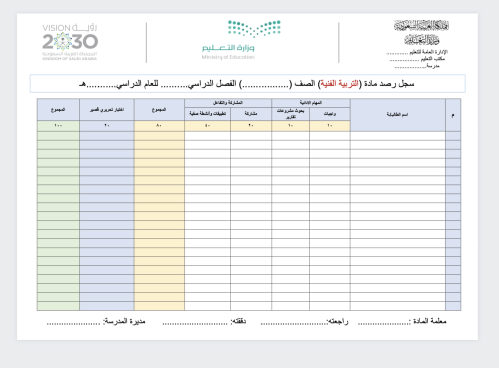سجل رصد درجات مادة التربية الفنية (من ثالث الى ساد...