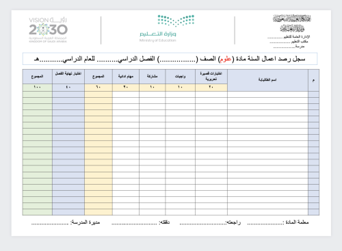 سجل رصد درجات مادة العلوم (من ثالث الى سادس ابتدائ...