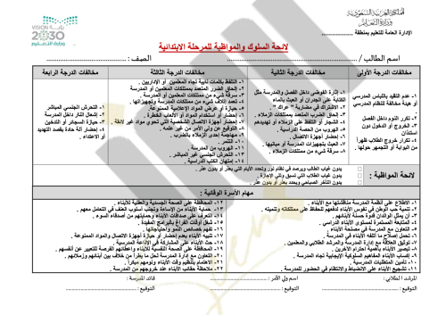 قواعد السلوك والمواظبة المرحلة الابتدائية