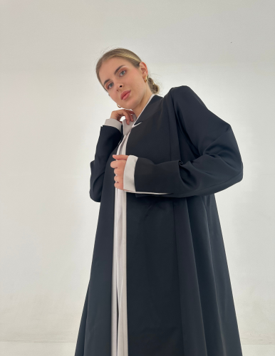 Black Crepe Abaya with Light Grey Crepe Dress