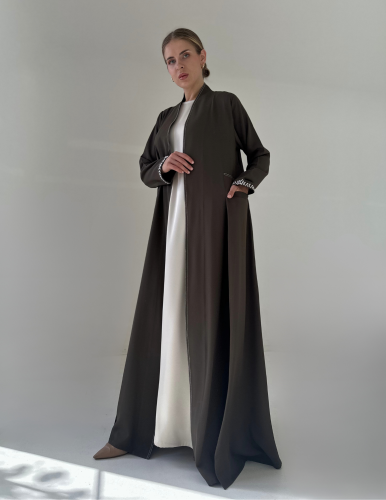 Brown Crepe Abaya with embroidery in off-white thr...