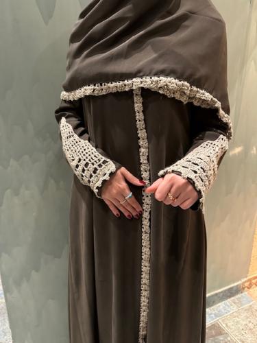 Brown Handemade Crochet Washed Silk Abaya