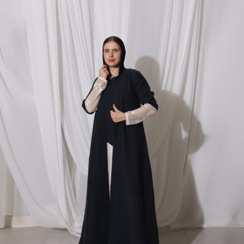 Navy Blue Linen Abaya with Crochet Linen Dress