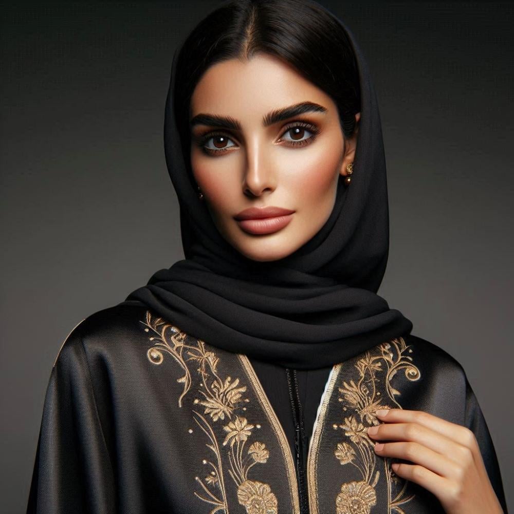 امرأة ترتدي عباءة تقليدية، تظهر بابتسامة وتلفت الأنظار، في وسط منظر طبيعي جميل.
