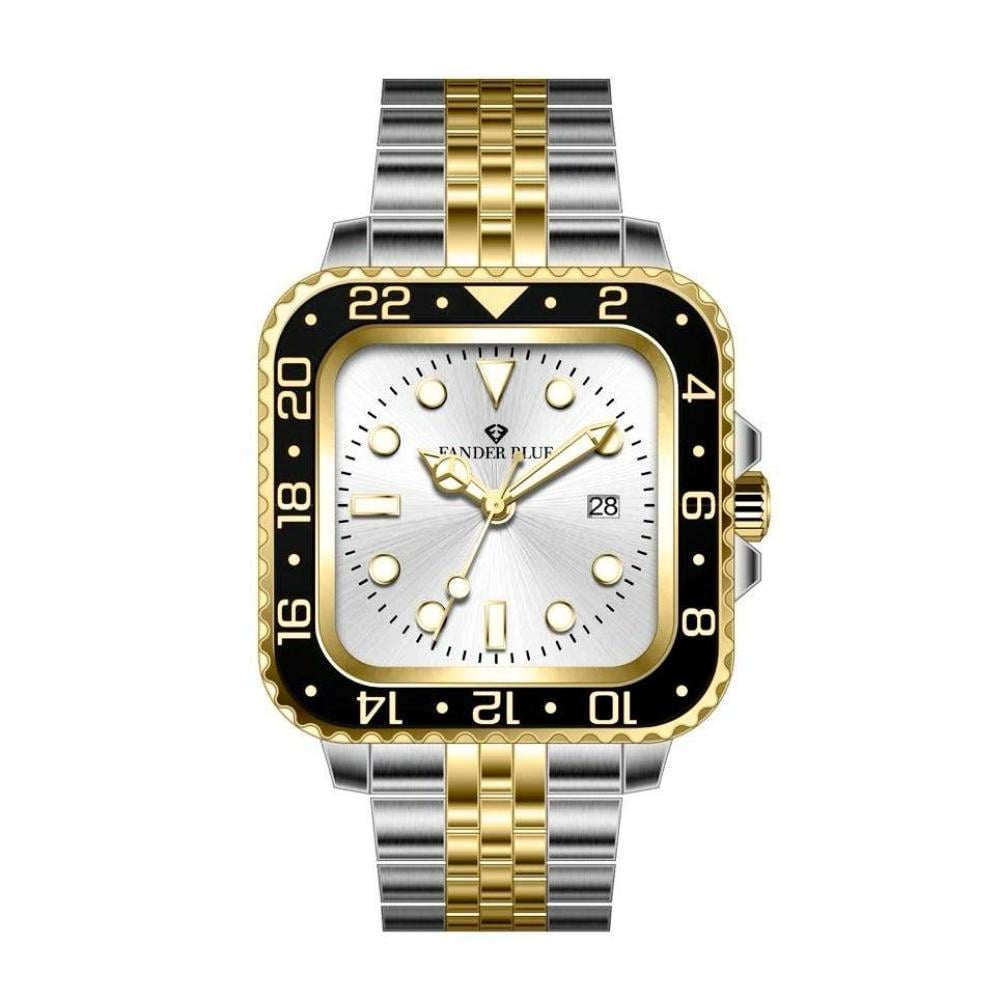 ساعة رجالية ماركة FANDER BLUE بسير ستيل باللون الفضي والذهبي بشكل عصري وجذاب و الميناء باللون الأبيض