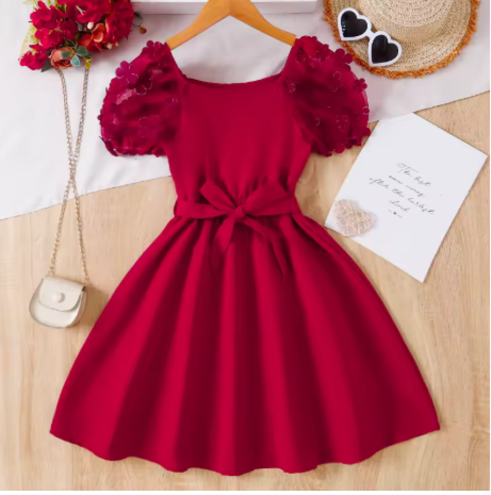 فستان  للأطفال برقبة مستديرة وأكمام شبكية