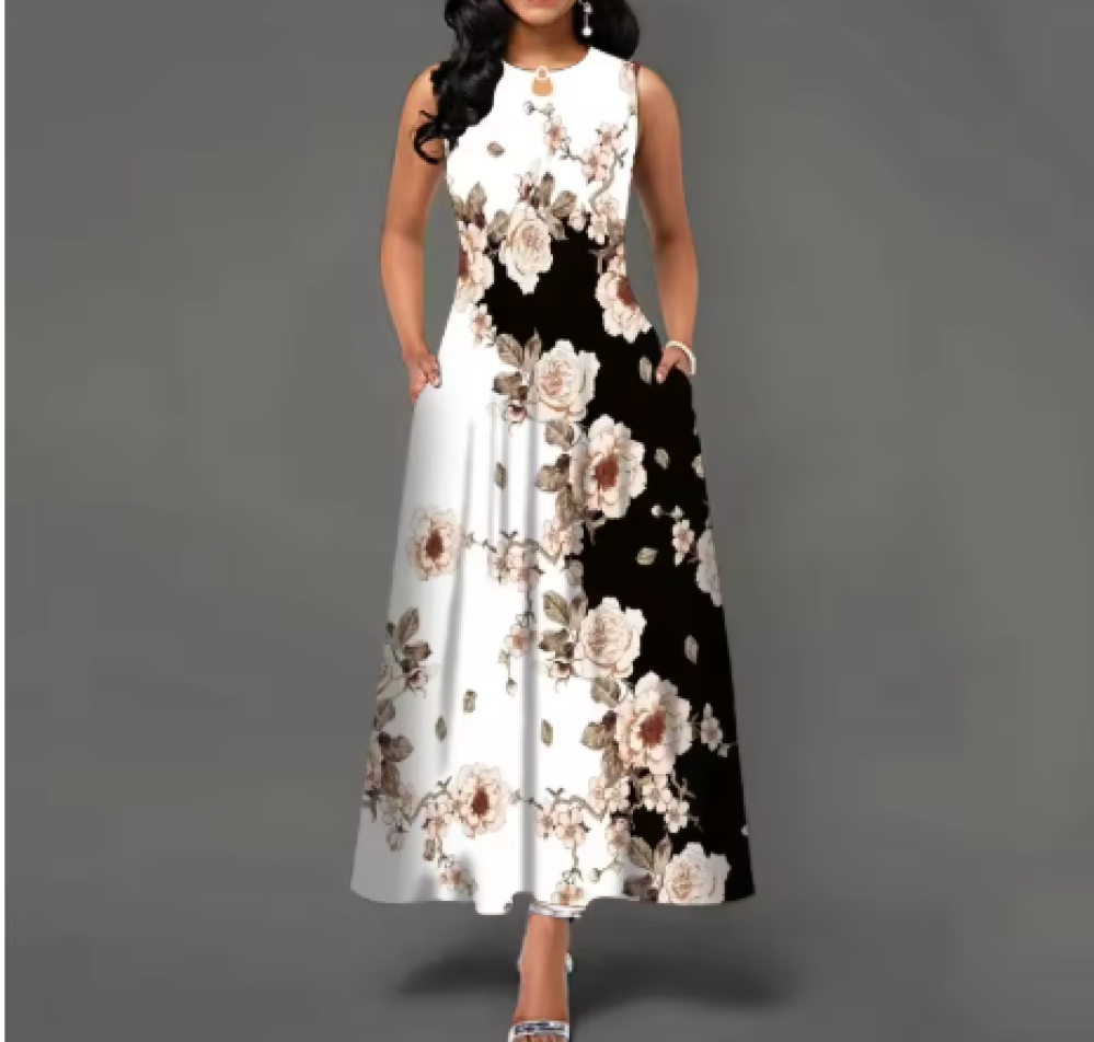 فستان نسائي طويل مزين ب زهرة مطبوعة