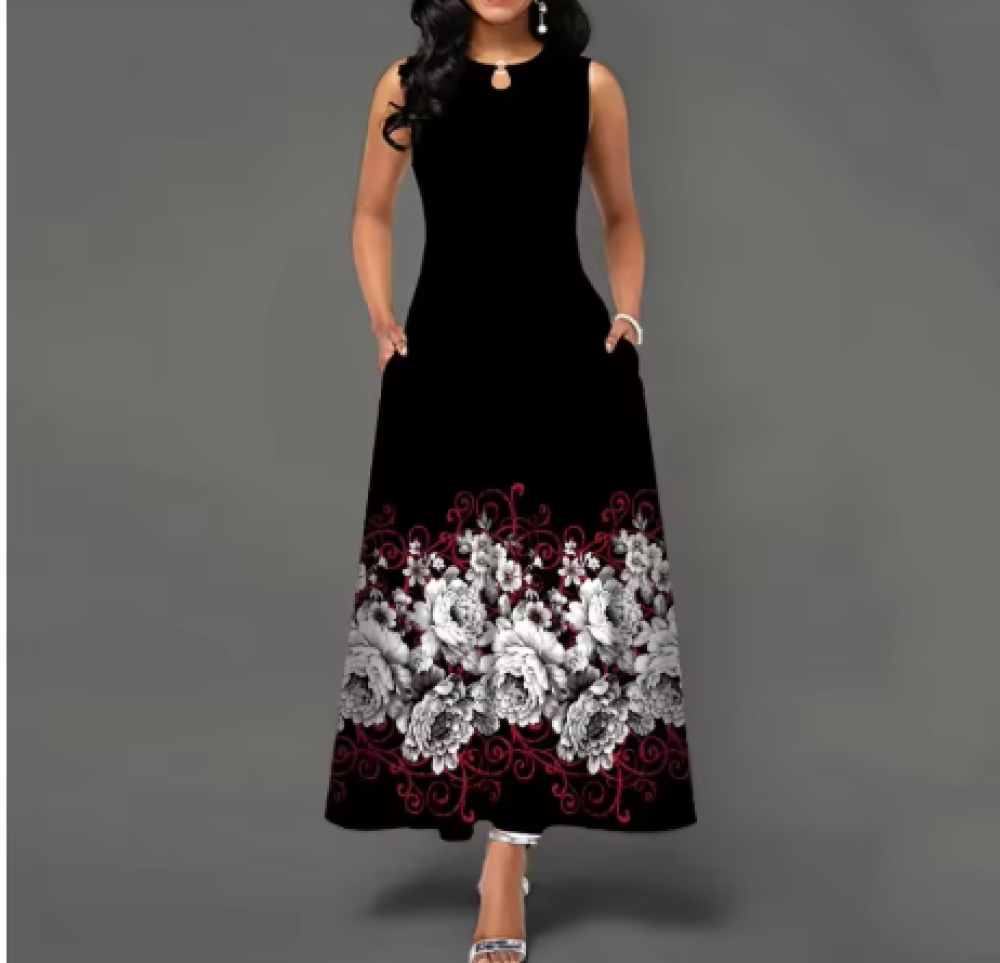 فستان نسائي طويل مزين ب زهرة مطبوعة
