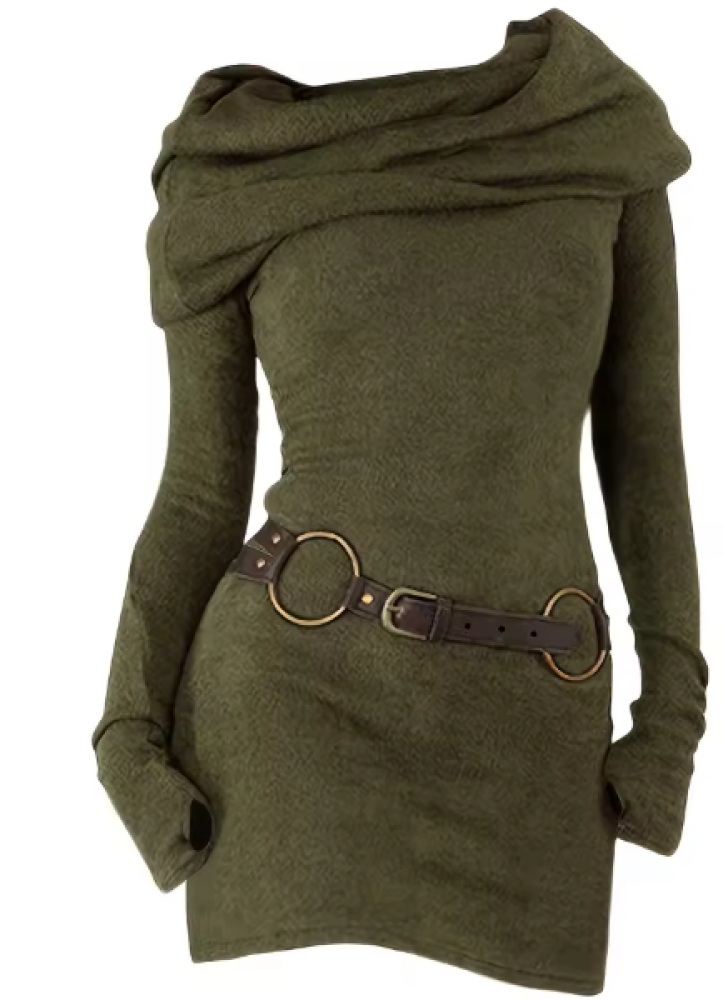 فستان محبوك سادة باكمام طويلة