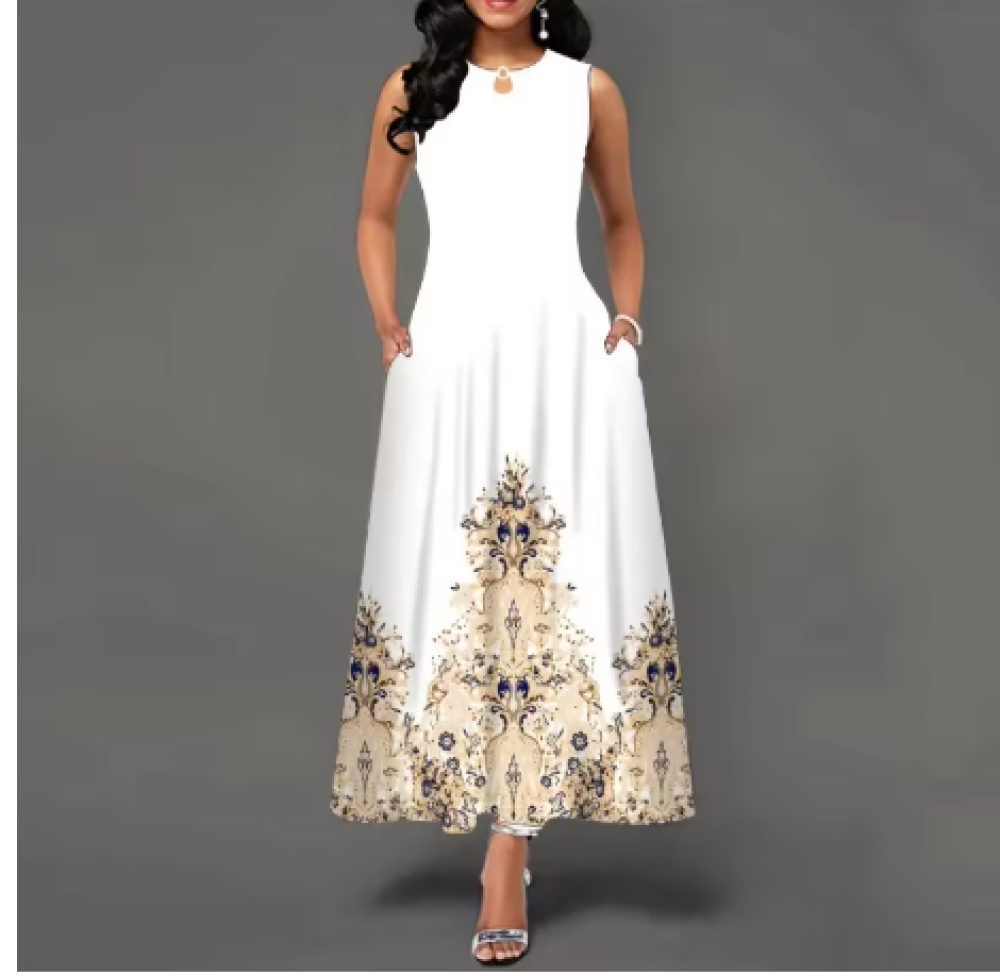 فستان نسائي طويل مزين ب زهرة مطبوعة