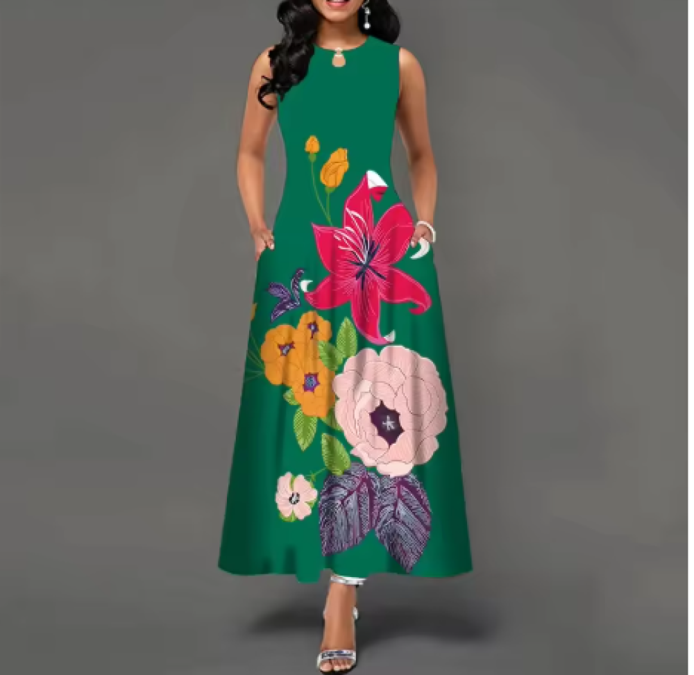 فستان نسائي طويل مزين ب زهرة مطبوعة