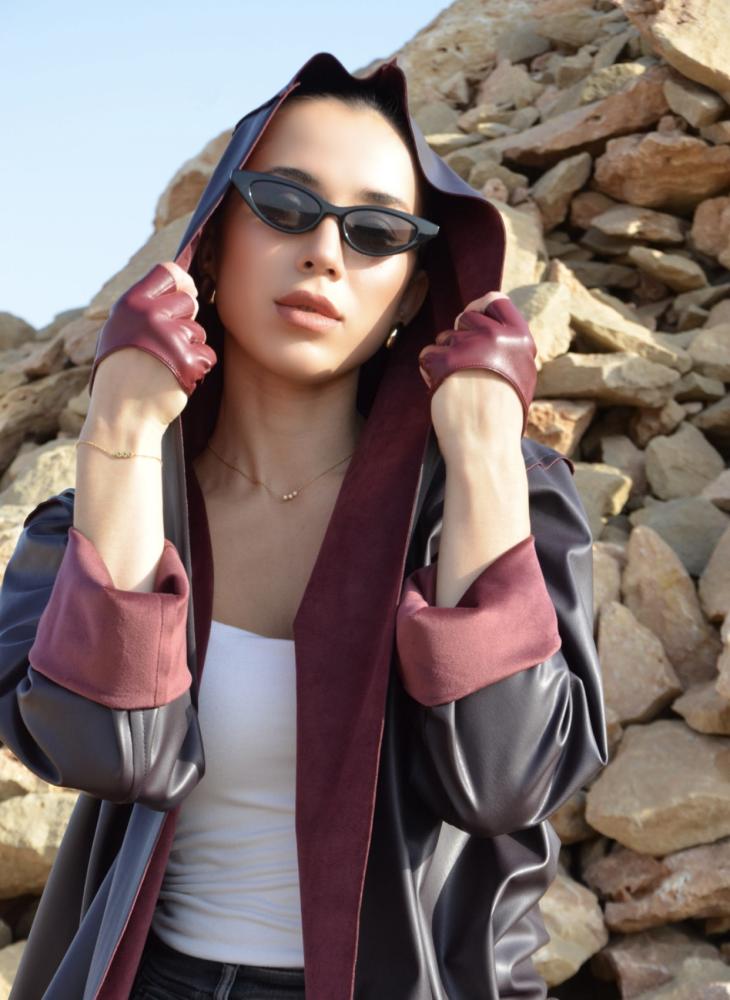 Maroon leather velvet hoodie coat - MAYANTHELABEL