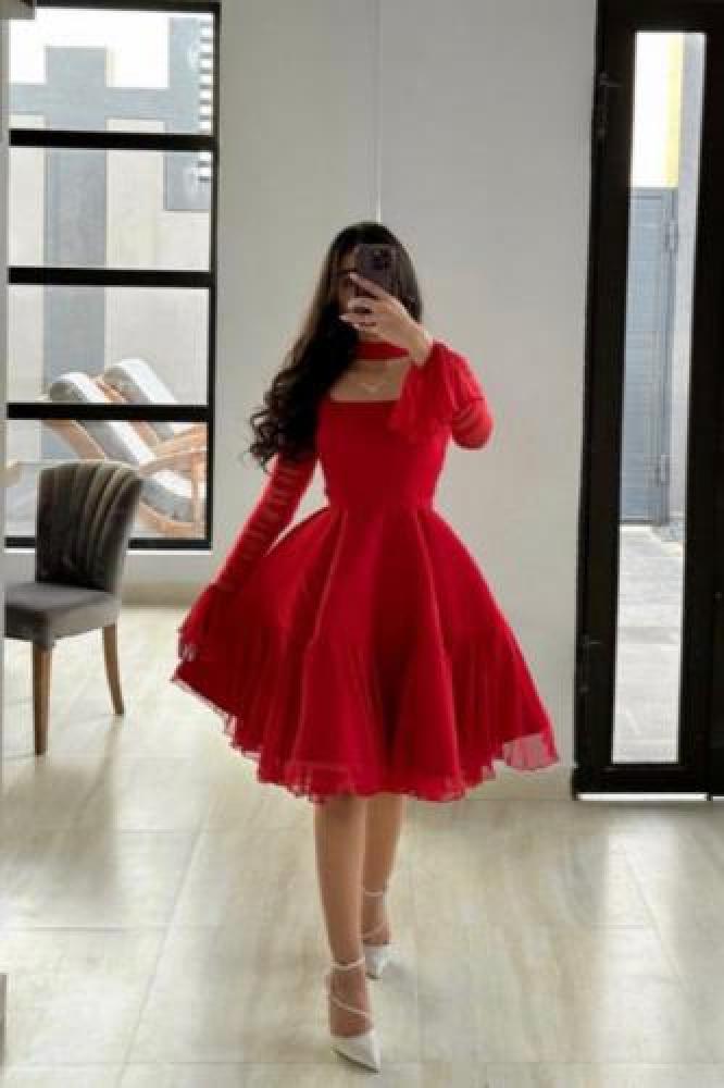 فستان احمر قصير دبل كلوش