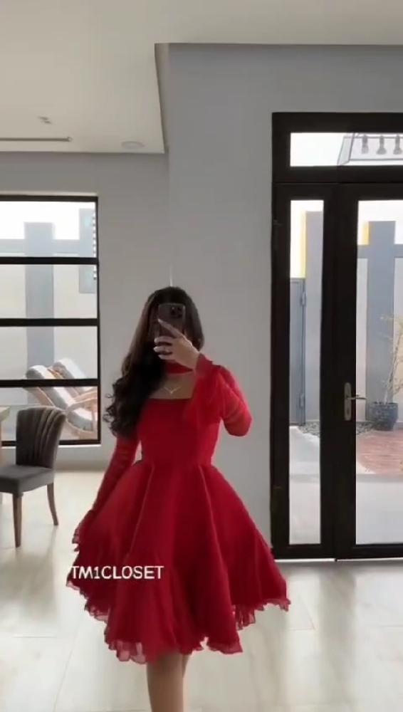 فستان احمر قصير دبل كلوش