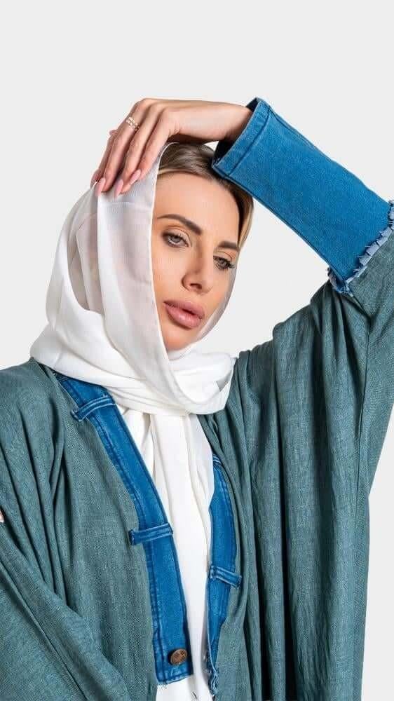 عبايه قماش كتان نص بشت اكمام جينز RH35