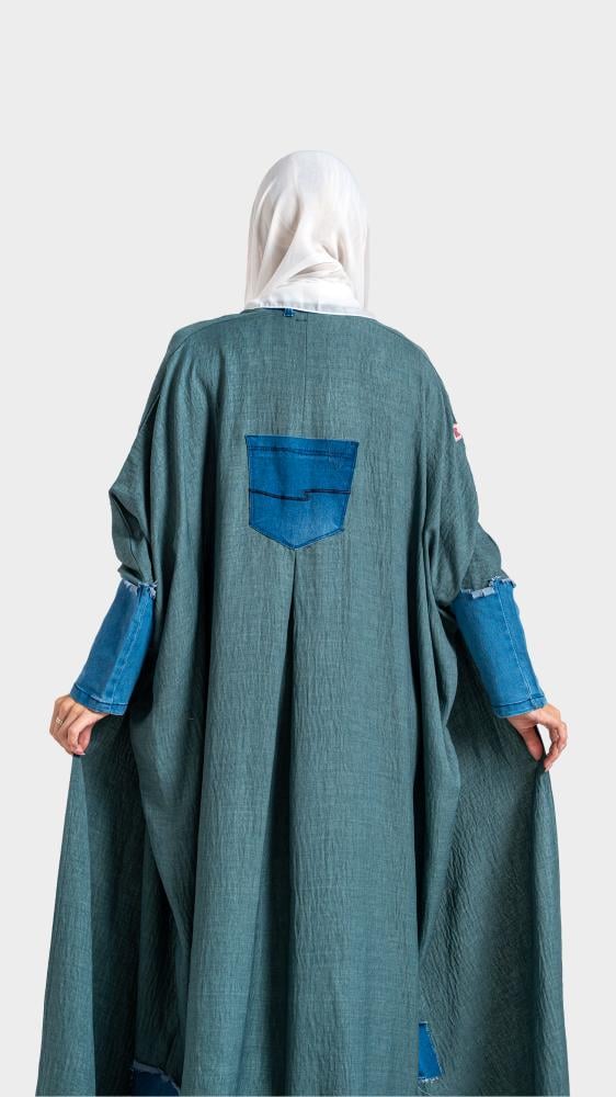 عبايه قماش كتان نص بشت اكمام جينز RH35