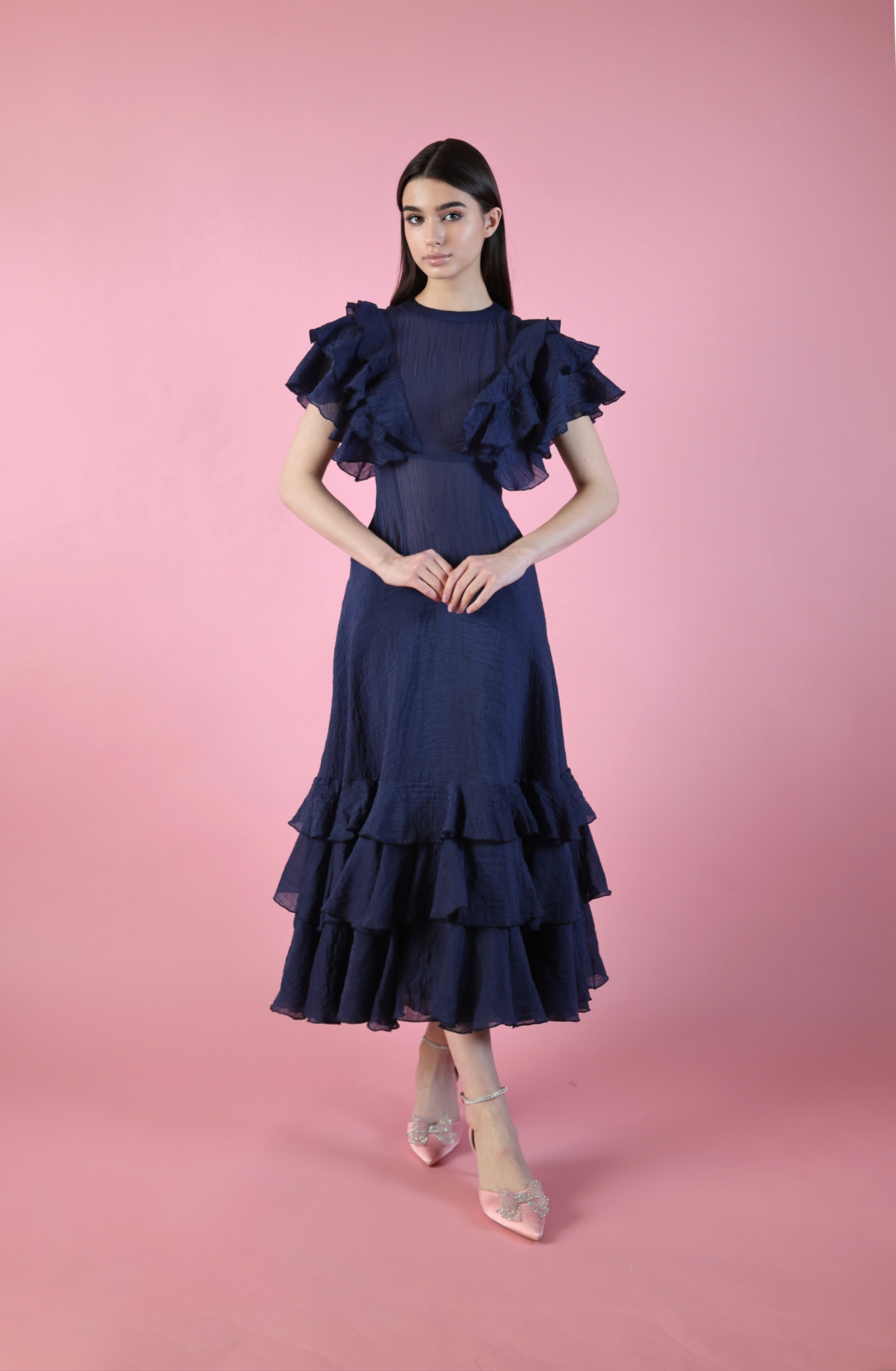 georgette fabric dress designs A navy blue with A distinctive Design made of the Calista balances a newpicMAY25 slot:1:00pm FINAL SALE Jeweled Button Designer