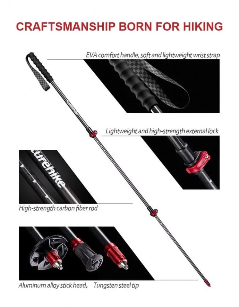عصا A hiking stickالياف الكربون ثلاثه اقسام لتسلق والتنزه ورحلات