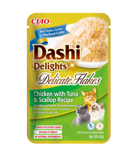 اينابا داشي ديلايتس طعام رطب تكميلي للقطط شرائح بنكهة الدجاج والتونة مع المحار 40غ