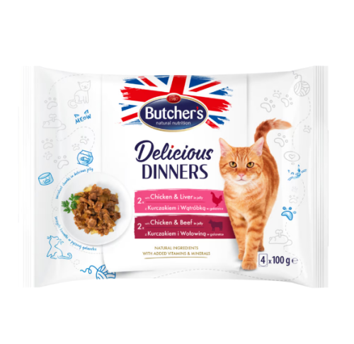 بوتشرز اظرف طعام رطب للقطط بالجيلي 4×100 غ  2 دجاج وكبد الدجاج + 2 دجاج واللحم البقري