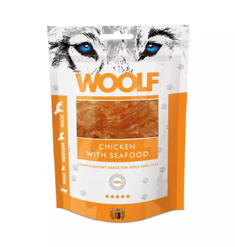 وولف مكافأت الدجاج مع ثمار البحر للقطط والكلاب 100 جرام