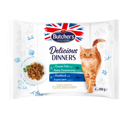 بوتشرز اظرف طعام رطب للقطط بالجيلي 4×100 غ  2 سمك المحيط + 2 سمك الحدوق