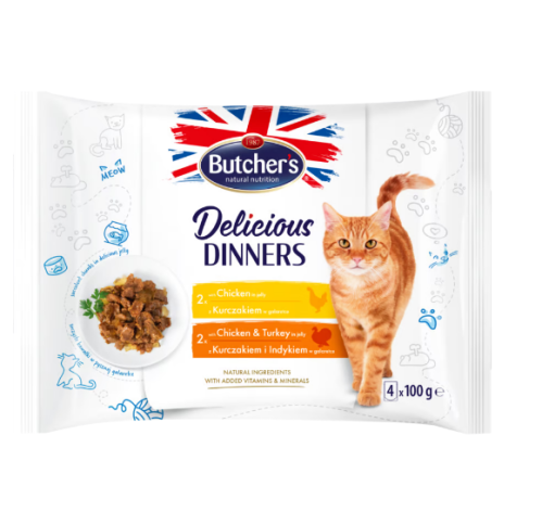 بوتشرز اظرف طعام رطب للقطط بالجيلي 4×100 غ  2 دجاج + 2 دجاج والديك الرومي