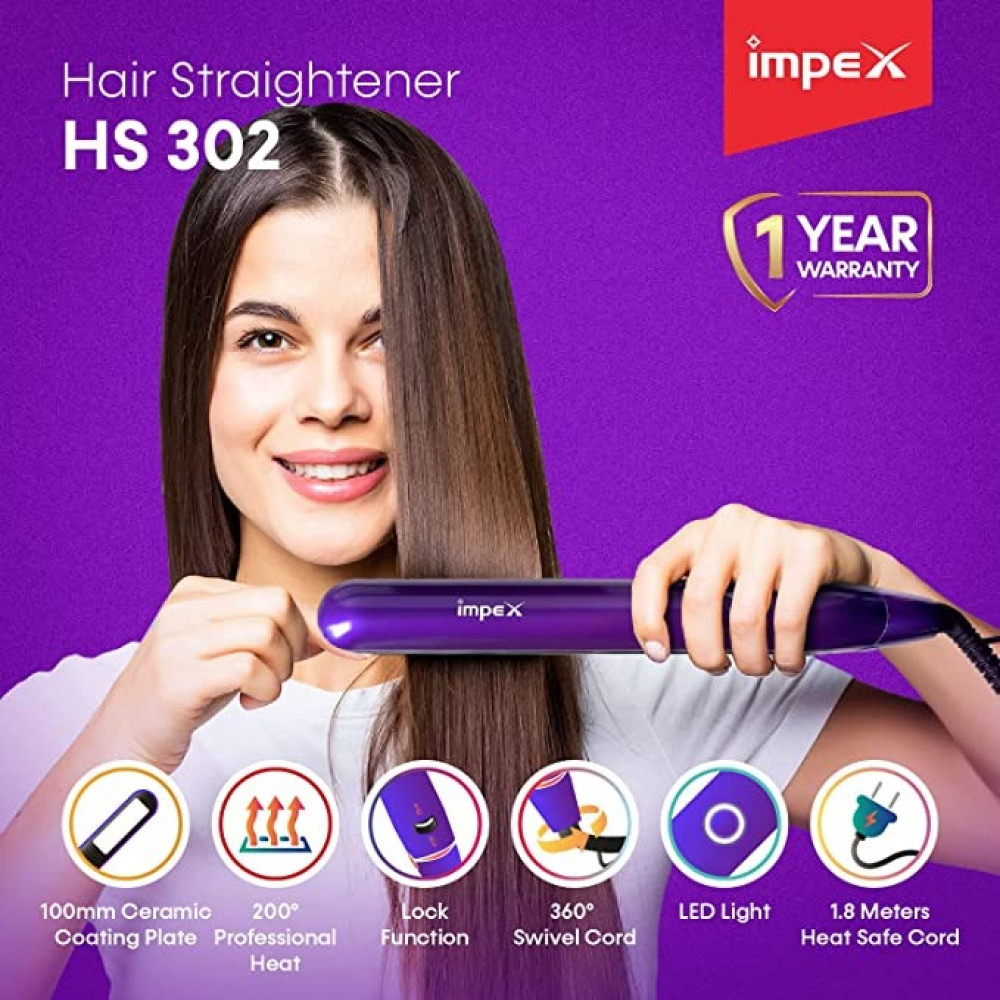 Impex HS-302 Professional Hair Straightener with Ceramic Coated Plate,  Purple/Black - HS-302 - Nology Electronics