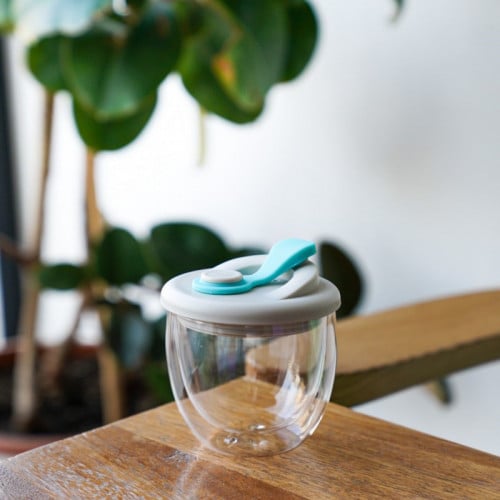 كوب زجاج دبل  من LINE مع غطاء سيليكون 250 مل - ازرق