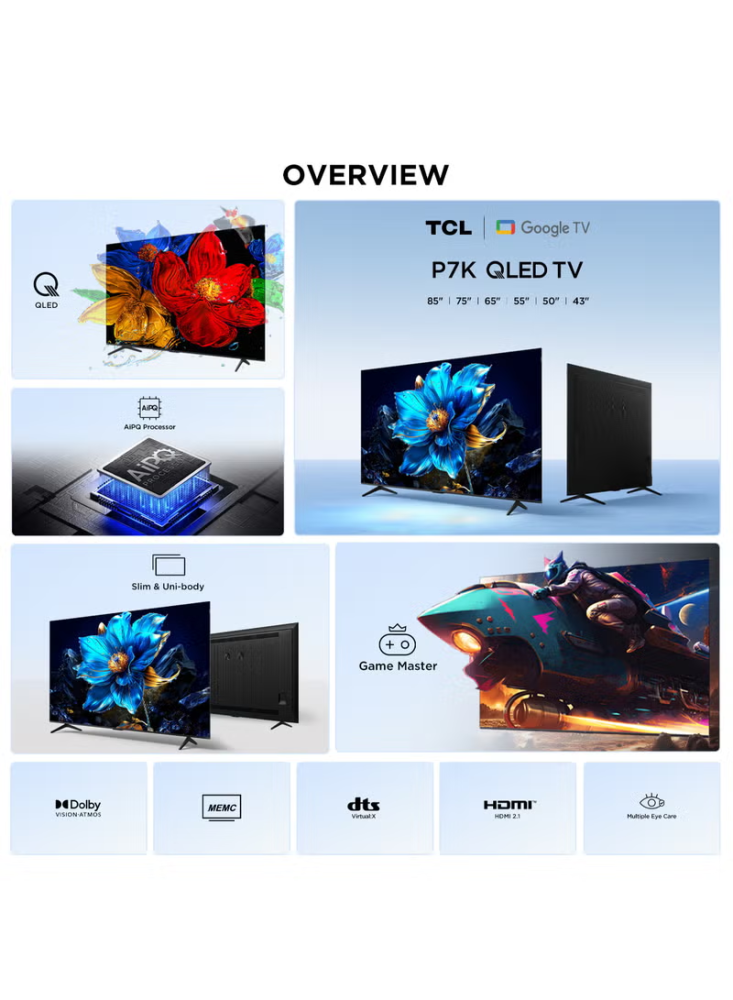 تي سي ال شاشة 65 بوصة QLED جوجل تي في بدقة 4K - أسود - 65P7K