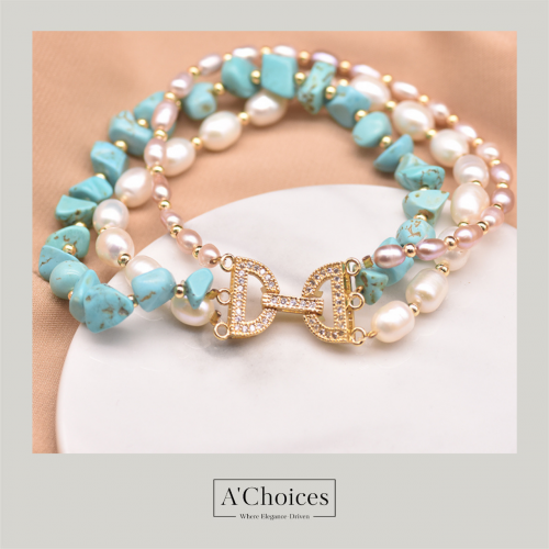 اسواره مصنوع يدوياً من النحاس المطلي بالذهب عيار 18 مع حجر الفيروز واللؤلؤ الزراعي بطول 19.5 سم